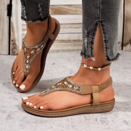 Toe-Post Rhinestone Sandals in Brown - women's thong sandals