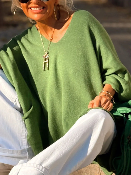 Ribbed Hem V-Neck Sweater in Green - women's sweater