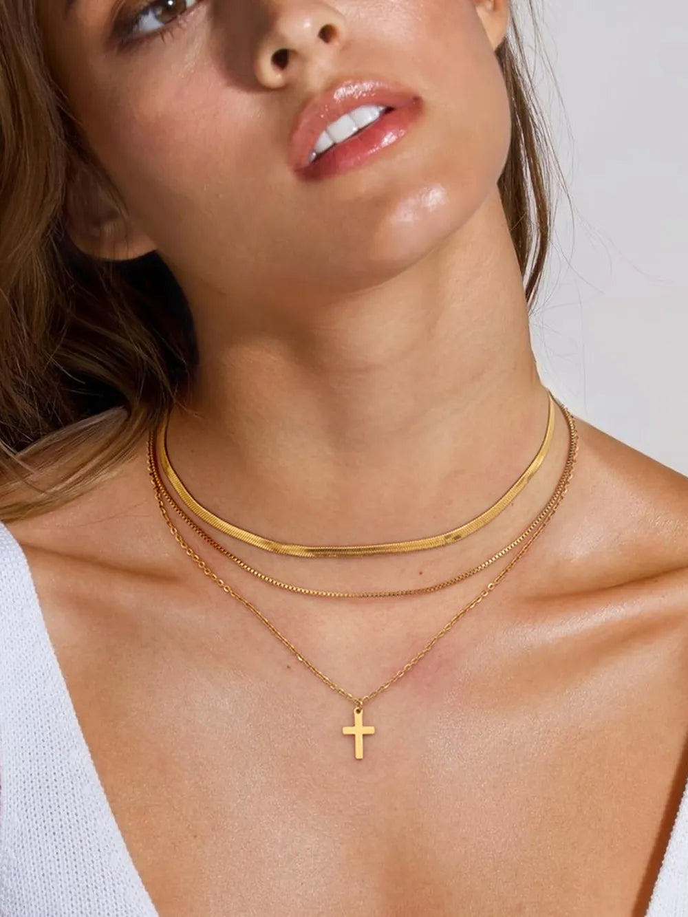 18K Gold-Plated Three-Layered Cross Necklace - alternate necklace view
