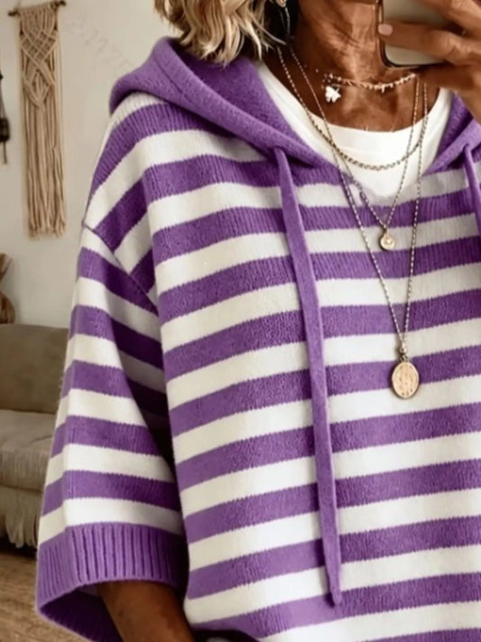Casual Striped Hooded Knit Sweater in Purple - women's hooded sweater