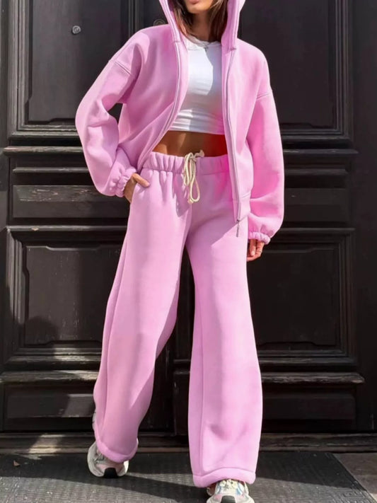 Zip-Up Hoodie and Wide-Leg Sweatpants Set in Pink - women's matching pants set