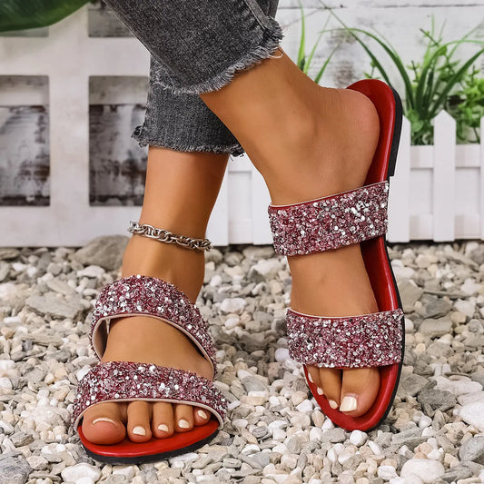 Sequin Open-Toe Flats Sandals in Blue - women's flat sandals