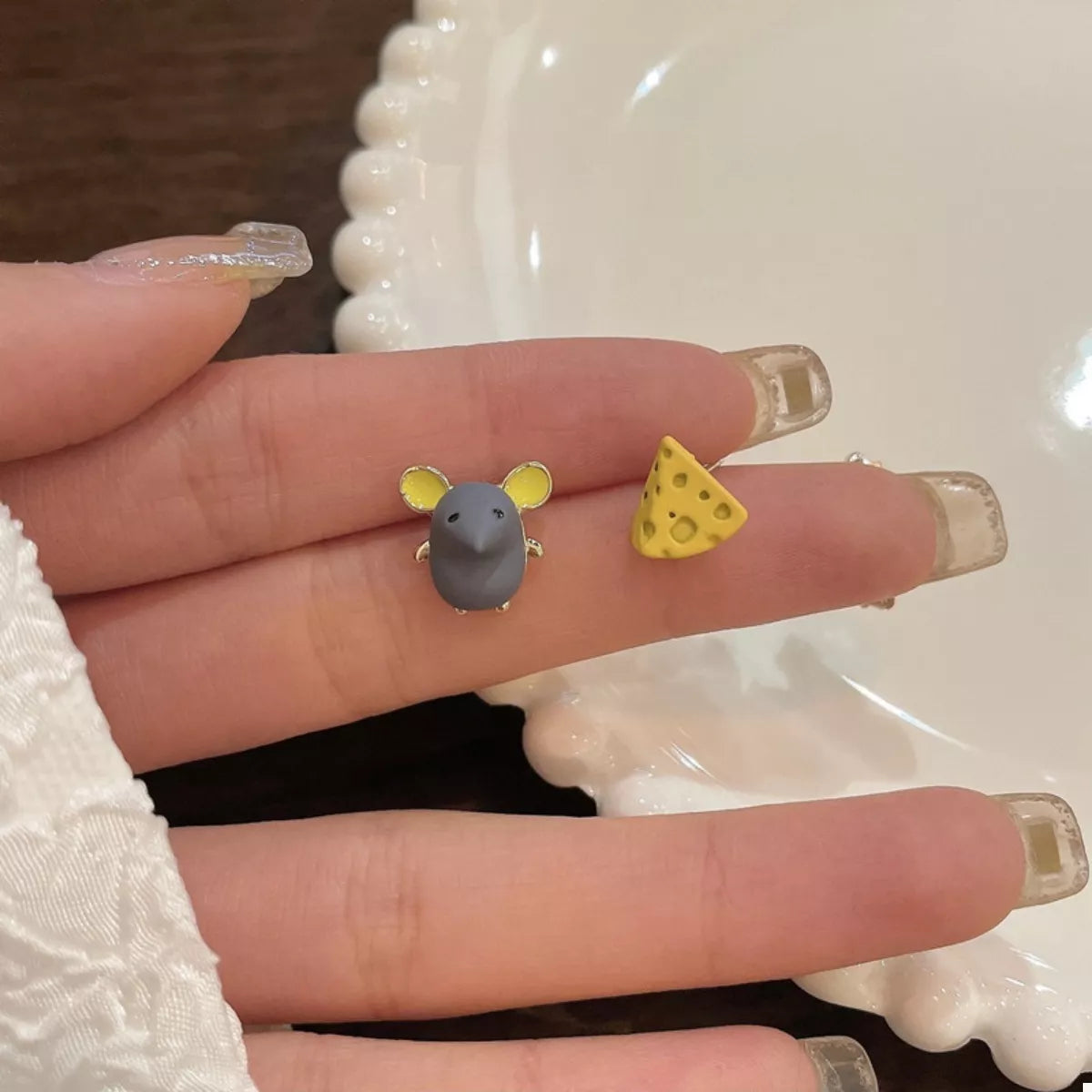 Asymmetrical Mouse & Cheese Stud Earrings - alternate earring view