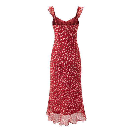 Red Small Floral Sling Dress Women Summer Tight Waist A line Slimming Backless Holiday Maxi Dress