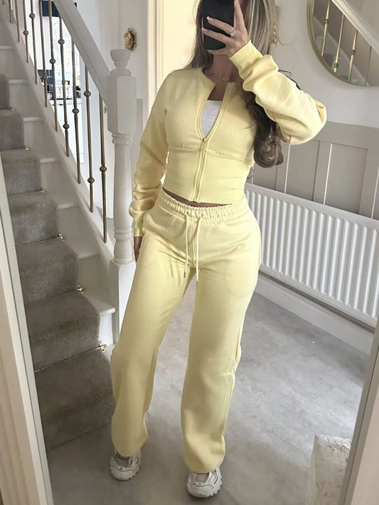 Zip-Up Crop Hoodie and High-Waisted Pants Set in Yellow - women's matching pants set