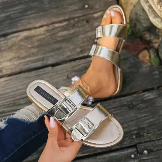 Open-Toe Double Buckle Sandals in Silver - women's flat sandals