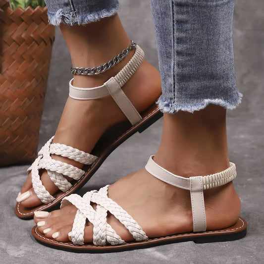 Open-Toe Braided Strap Sandals in Off-white - women's braided sandals