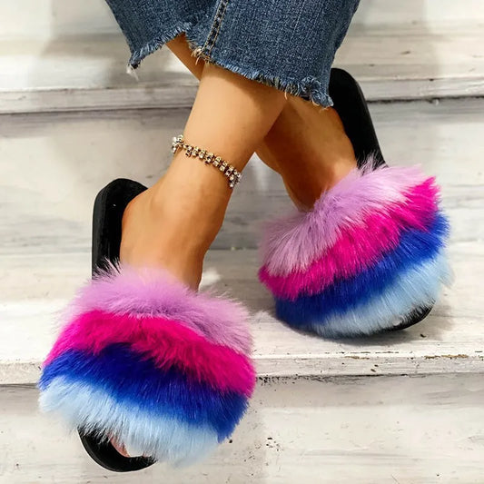 Fuzzy Open-Toe Flats Sandals in Yellow - women's flat sandals