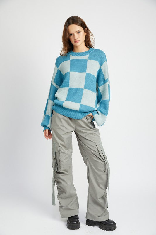 Oversized Checkered Puff Sleeve Sweater