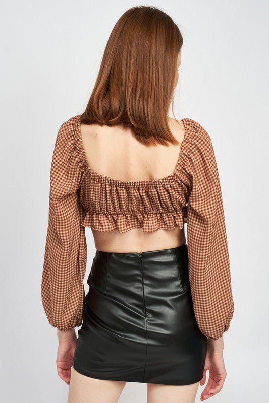 Gingham Long Sleeve Crop Blouse