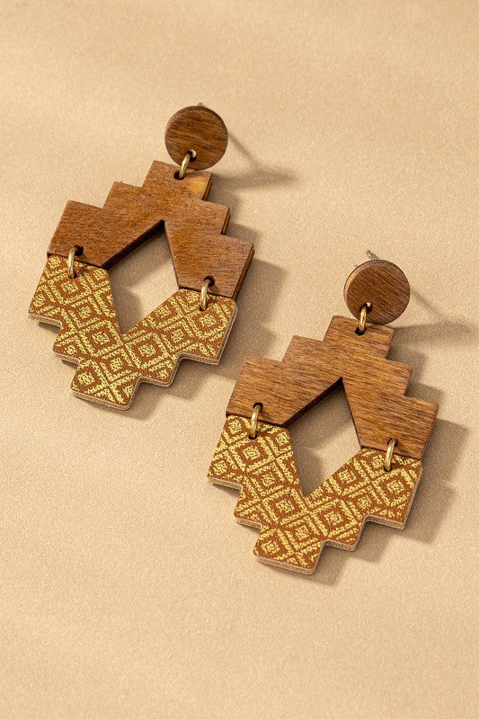 Wooden Color-Block Drop Earrings