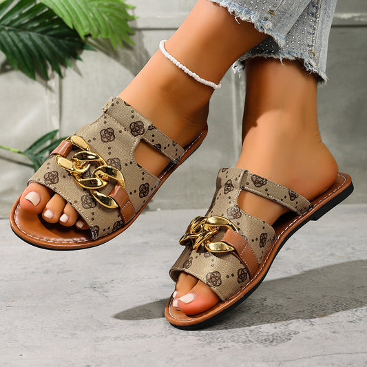 Chain-Decorated Patterned Slide Sandals in Gray/white - women's slide sandals
