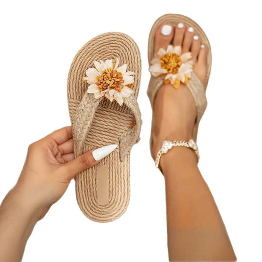 Floral Embellished Flat Sandals in Ivory - women's flat sandals