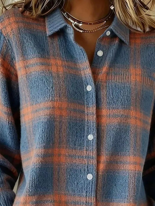Plaid Button-Down Knit Cardigan in Blue - women's cardigan