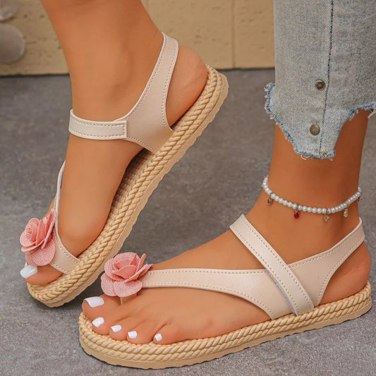 Flower Toe Loop Sandals in Beige - women's flat sandals