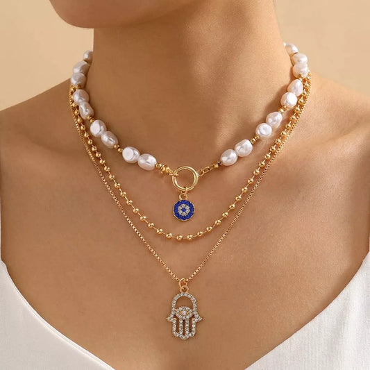 Three Layered 18K Gold-Plated Evil Eye Necklace - alternate necklace view