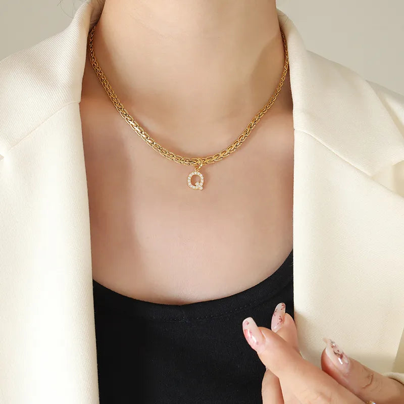 Brass Inlaid Zircon Letter Pendant Necklace in Style Q - women's pendant necklace