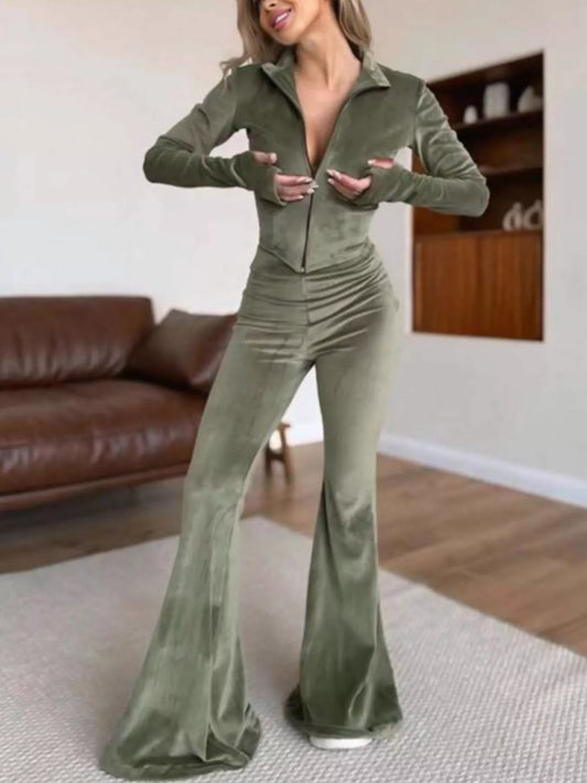 Zip-Up Crop Top and Flared Pants Two-Piece Set in Army Green - women's matching pants set