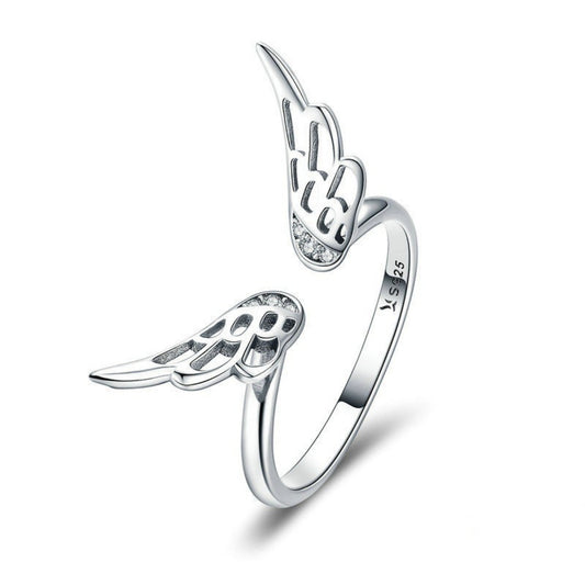 Sterling Silver Zircon Angel Wing Open Ring - alternate ring view