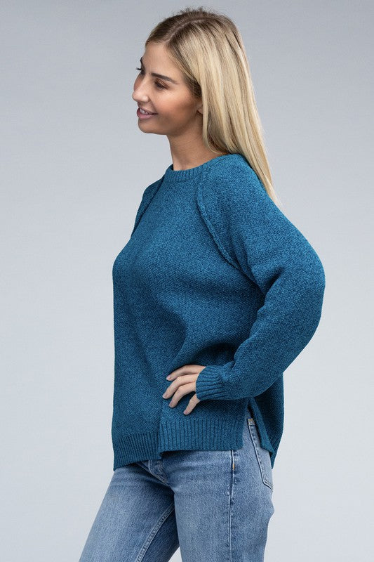 Chenille Side‑Slit Crew Sweater