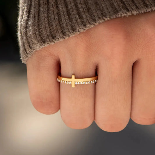 Zircon Sterling Silver Cross Ring in Gold - women's ring