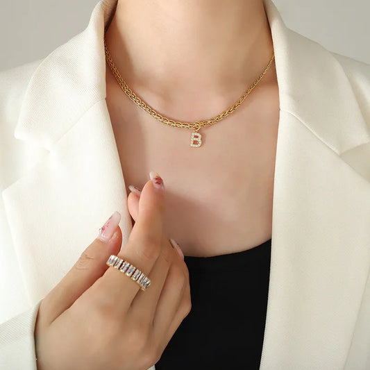 Brass Inlaid Zircon Letter Pendant Necklace in Style B - women's pendant necklace