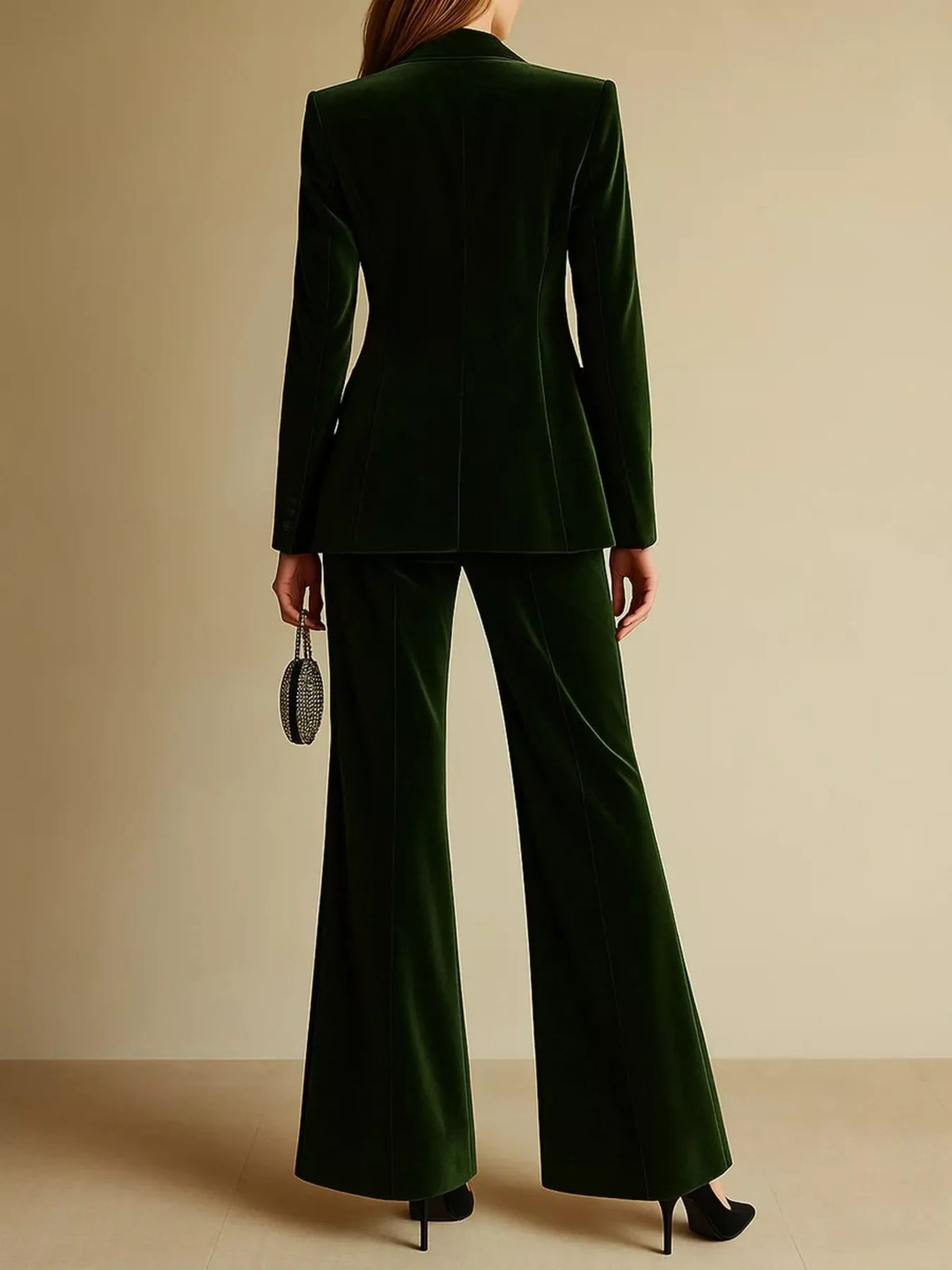 Velvet Blazer and Wide-Leg Pants Set in Green - Blossom's