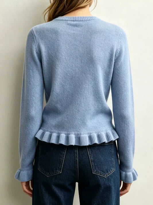 Ruffle-Trimmed Crewneck Sweater in Blue - women's sweater