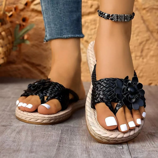 Flower Braided Espadrille Flat Sandals in White - women's braided sandals