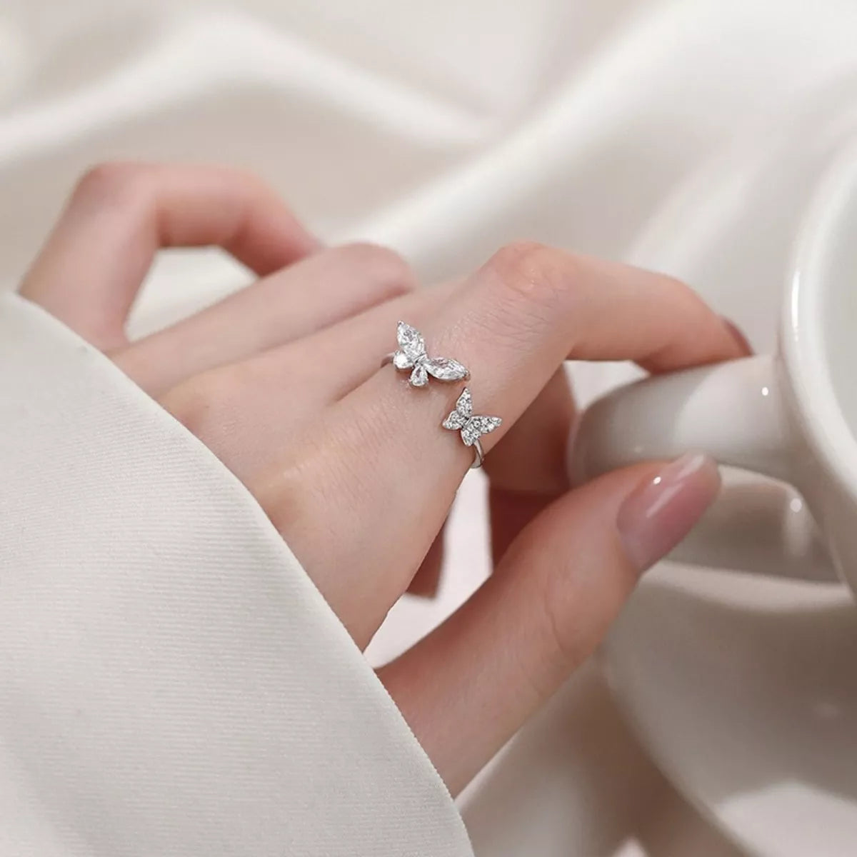 Sterling Silver Zircon Butterfly Open Ring - alternate ring view