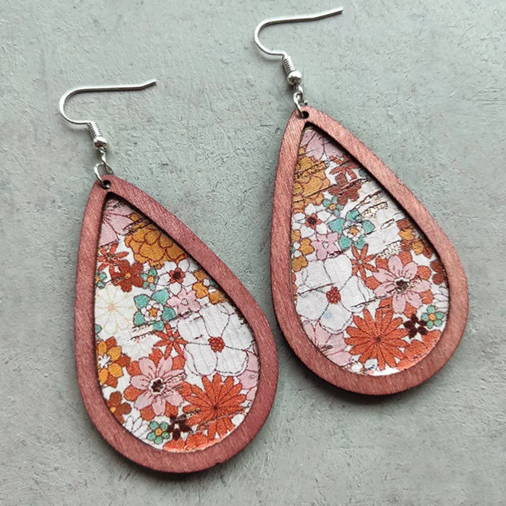 Floral Wood Teardrop Earrings - alternate earring view