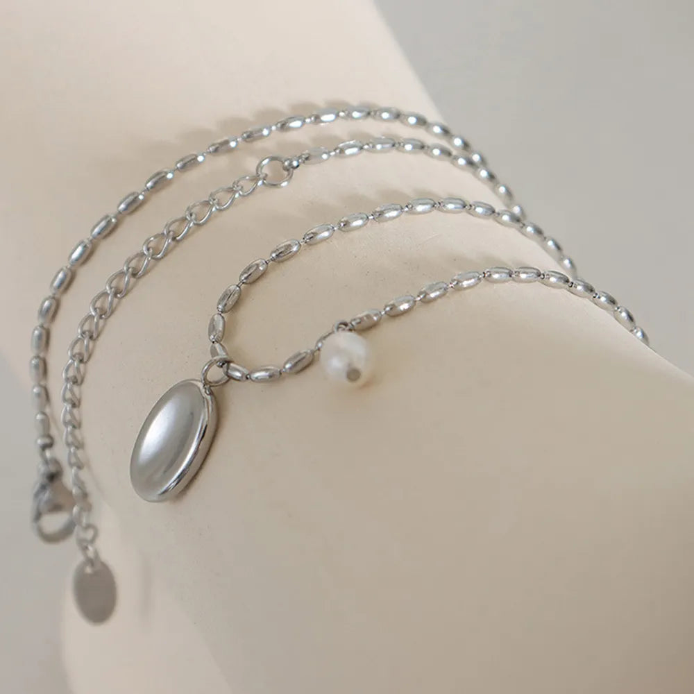 Titanium Steel Freshwater Pearl Pendant Necklace - alternate necklace view