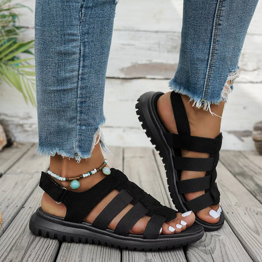 Casual Open-Toe Sandals in Black - women's flat sandals