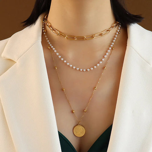 Synthetic Pearl Titanium Steel Three-Layered Necklace - alternate necklace view