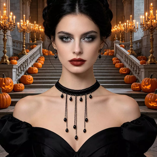 Gothic Lace Choker Necklace with Teardrop Dangle Charms in Burgundy - women's choker necklace