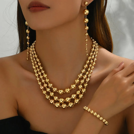 18K Stainless Steel Beaded Multi-Layered Necklace Bracelet Earrings Set in Silver - women's layered necklace