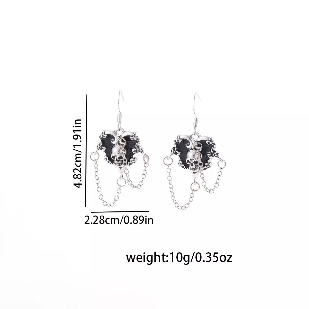 Halloween Alloy Heart Skull Earrings with Chain Detail - alternate earring view