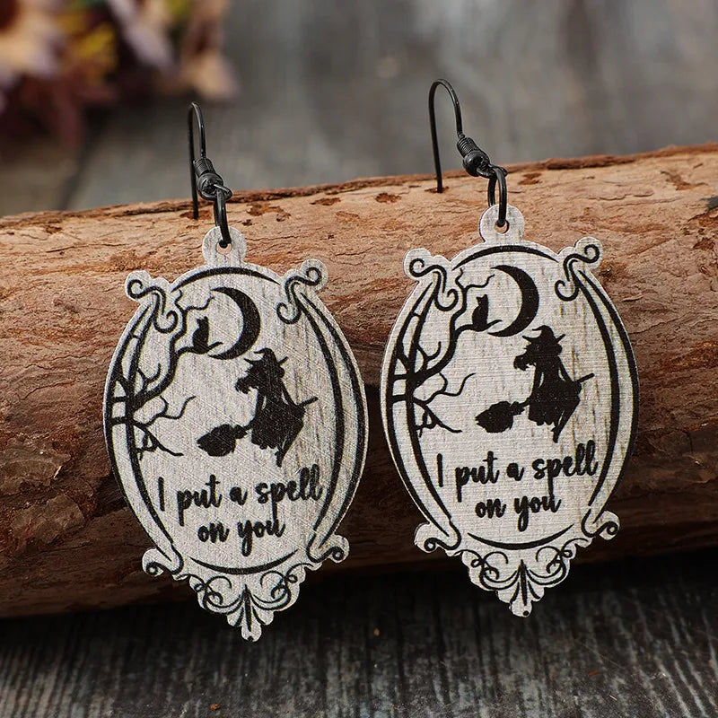 Witch Wooden Dangle Earrings - alternate earring view