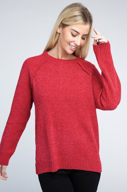 Chenille Side‑Slit Crew Sweater