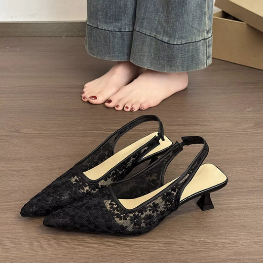 Lace Pointed-Toe Slingback Pumps in Black - women's heels