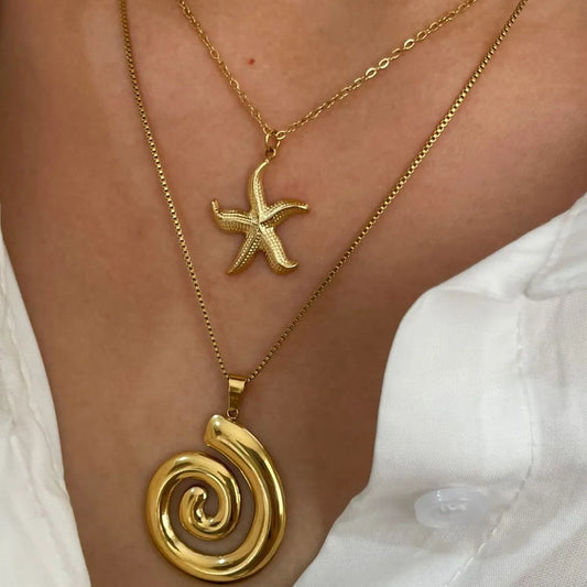 2-Piece 18K Gold-Plated Starfish Spiral Pendant Necklace - alternate necklace view