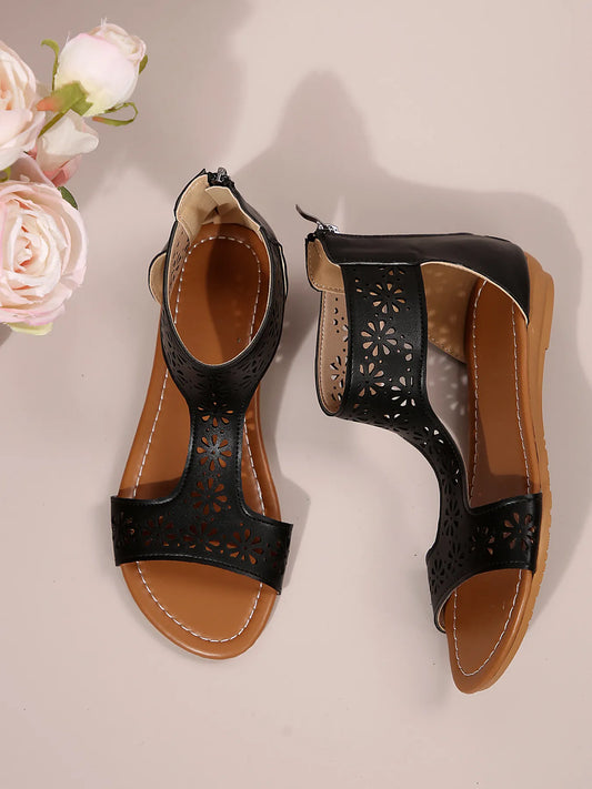 Cutout Open-Toe Sandals in Black - women's flat sandals