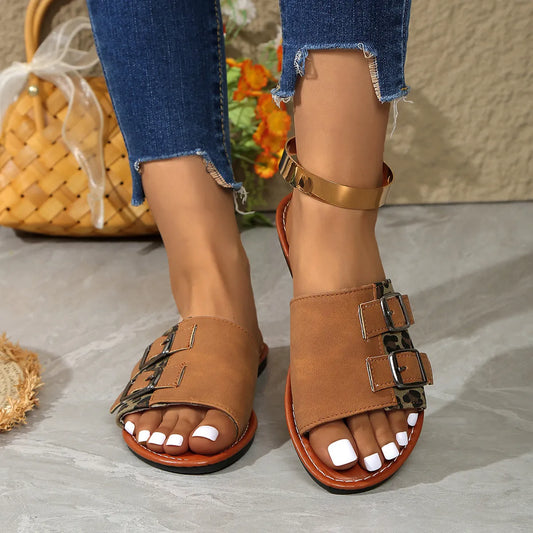 Leopard Open-Toe Flat Sandals in Caramel - women's flat sandals