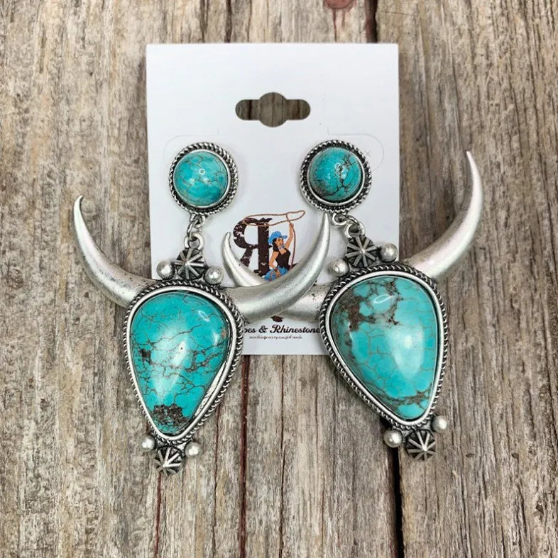 Artificial Turquoise Alloy Cow Head Earrings - alternate earring view