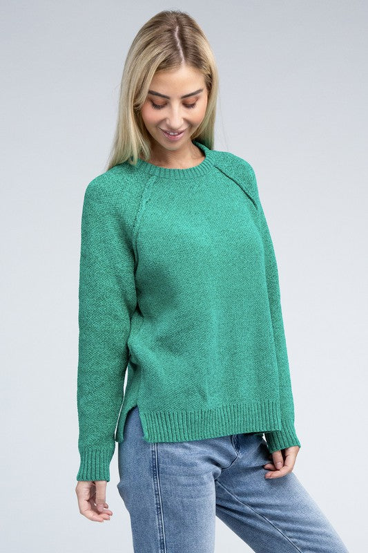 Chenille Side‑Slit Crew Sweater