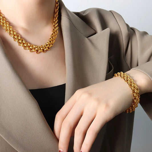 Gold Chain Link Set with Necklace and Bracelet in Silver - women's chain necklace