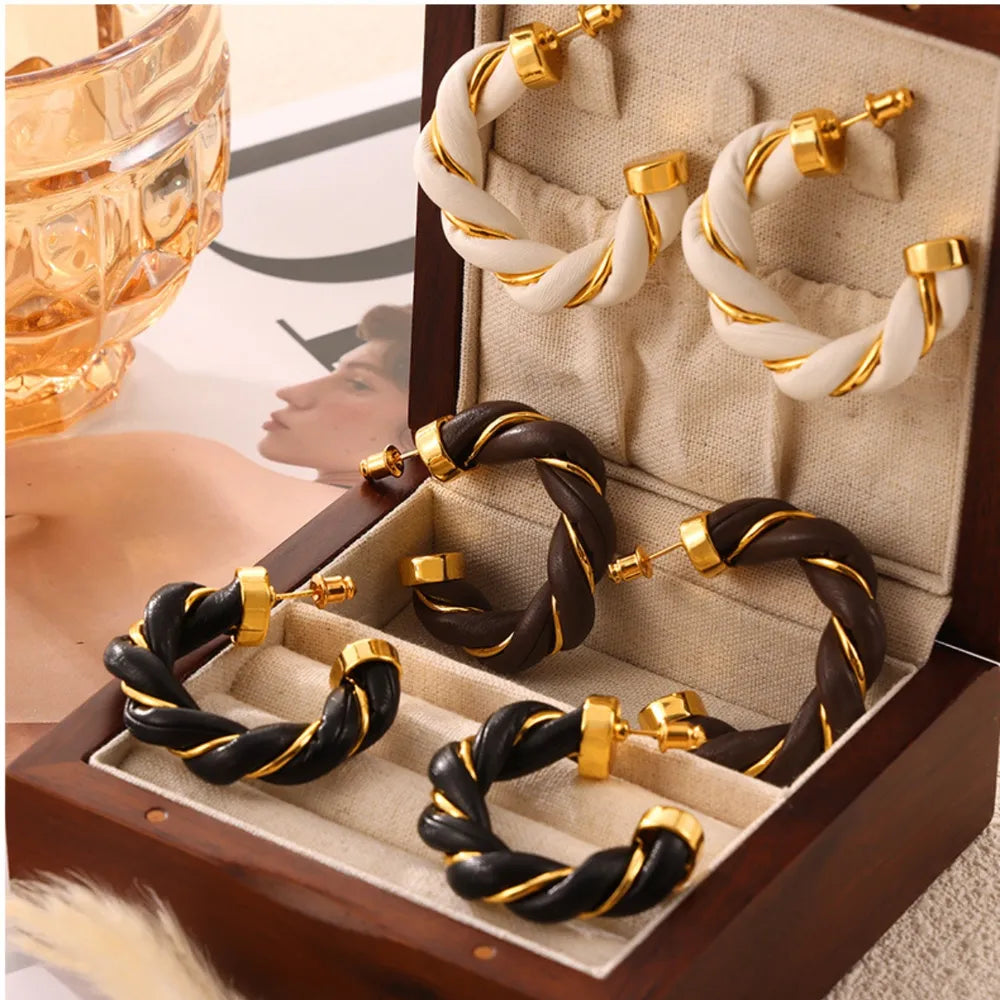 Twisted Leather Rope C-Hoop Earrings - alternate earring view