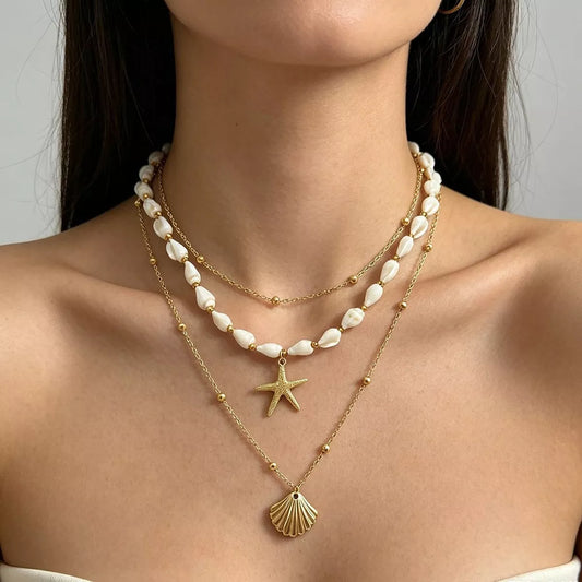 Bohemian Seashell Layered Necklace - alternate necklace view