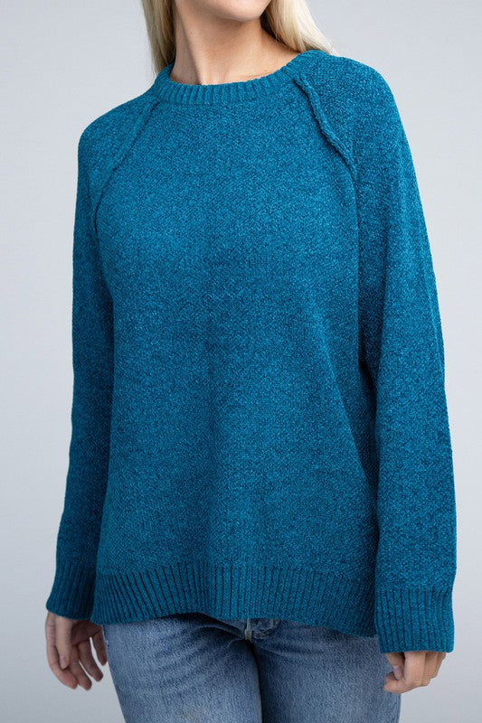 Chenille Side‑Slit Crew Sweater