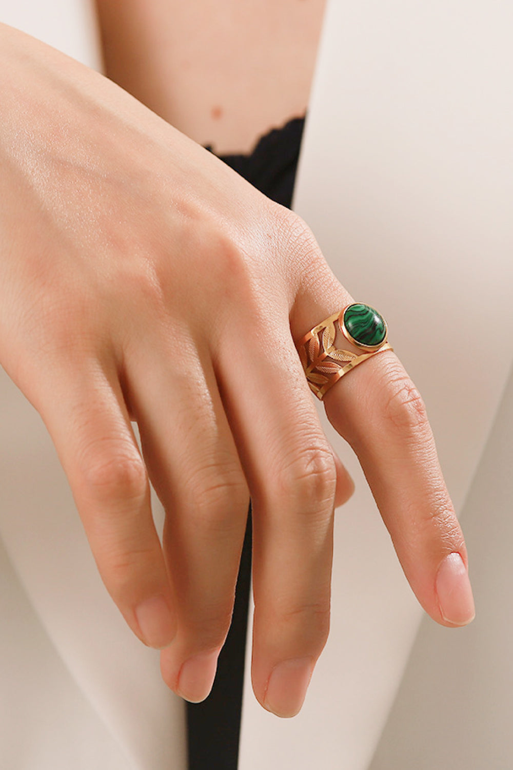 18K Gold-Plated Malachite Leaf Ring - alternate ring view